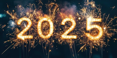 sparkler text 2025 with colorful fireworks, celebrating new year.
