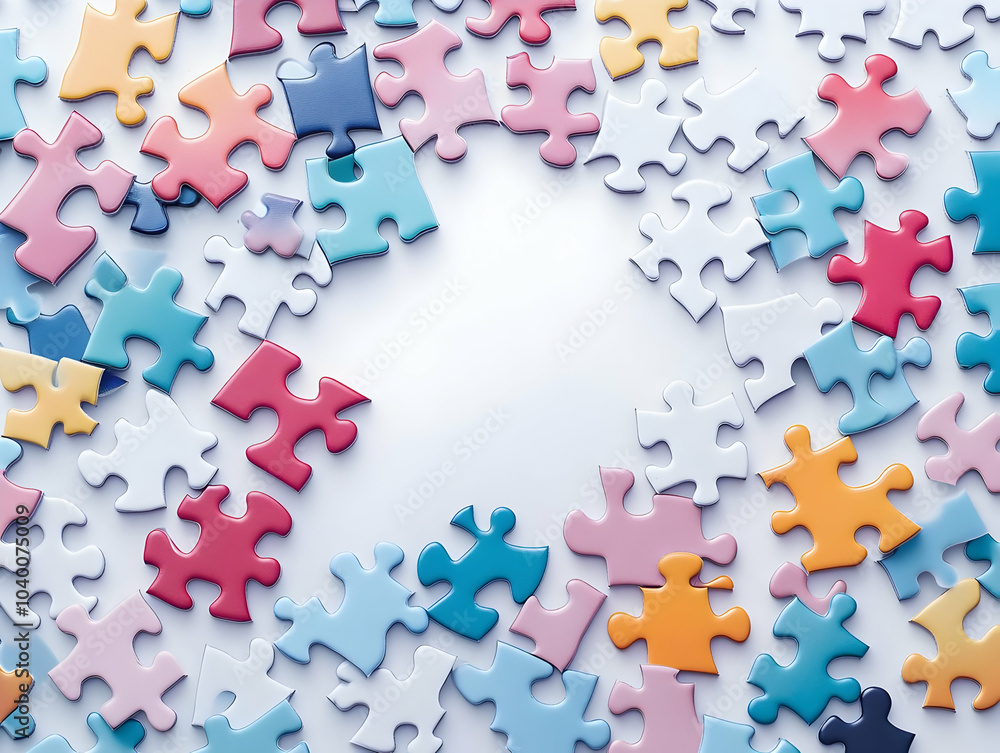 Poster plain puzzle pieces overhead shot glossy white surface ample copy space symbolizing problem solving 