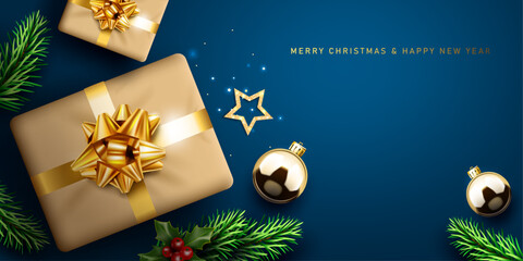 merry christmas and happy new year blue background design template top view.gift boxes and christmas symbols decorative greeting card and banner vector illustration.
