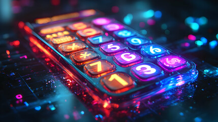 3D Holographic Calculator Glowing Currency Symbols High Resolution Image Glossy Display Holographic Background Copy Space Financial Calculations Advertising Icon White Background