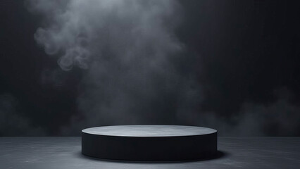 Empty podium black smoke background product platform abstract stage texture fog spotlight.