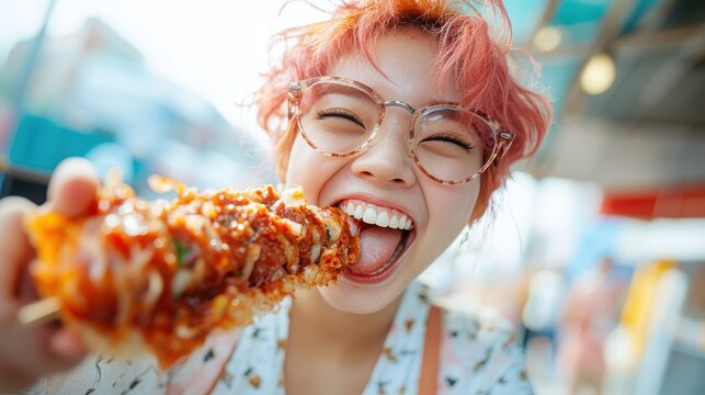 A happy young woman with vibrant pink hair enjoys flavorful street food, expressing joy and exuberance, embodying a youthful and carefree spirit.