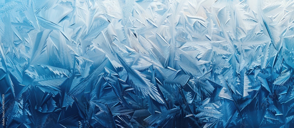 Poster blue ice winter background with a frozen pattern on a window creating a textured blue wallpaper perf
