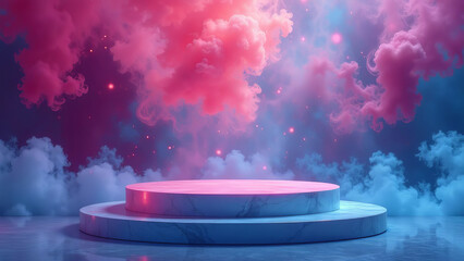 Empty podium neon smoke background product platform abstract stage texture fog spotlight.