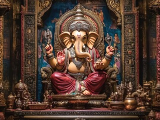 Fototapeta premium Hindu deity Ganesha portrayed in religious art, surrounded by traditional Indian designs and rich decor, emanating a powerful spiritual essence