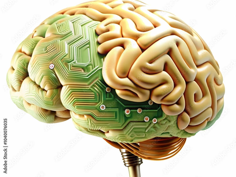 Poster close up human brain model ai circuits conceptual image enhancing cognition business glowing intelli