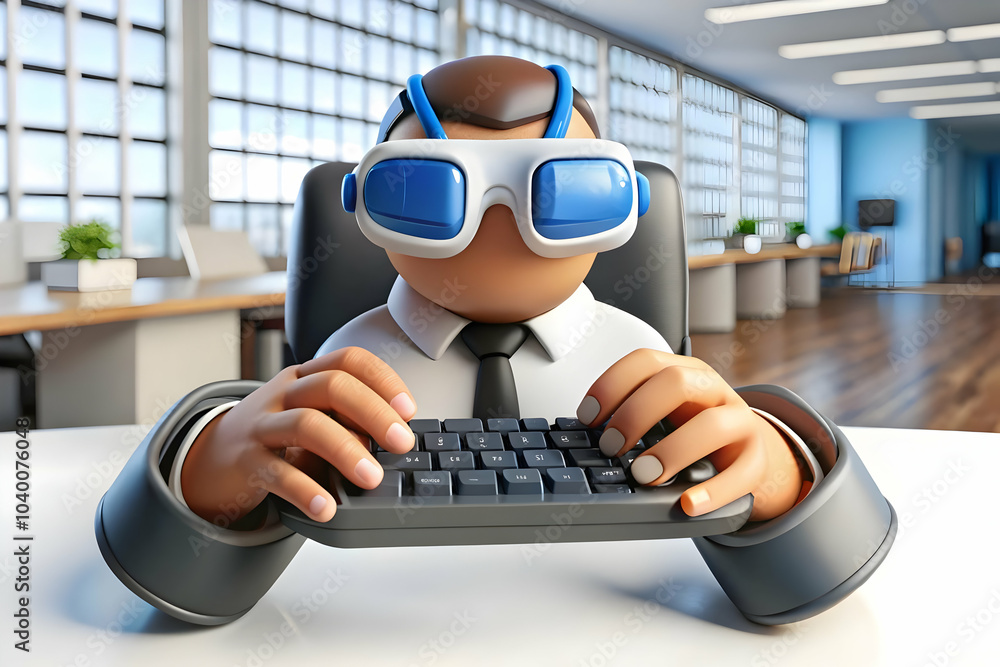 Poster close up hands typing virtual keyboard vr concept macro shot vr controllers blurred office backgroun