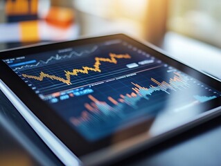 Tablet displaying dynamic stock market graphs and financial analytics
