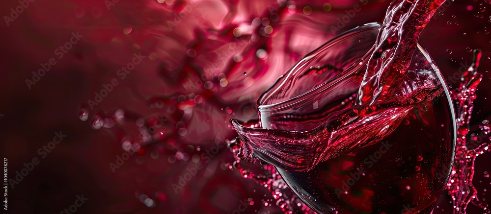 Poster macro shot of red wine splashing in a glass creating an abstract pattern with ample copy space image