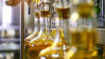 Close-up of alcohol production in a distillery, showcasing fragrant liquids at different fermentation stages