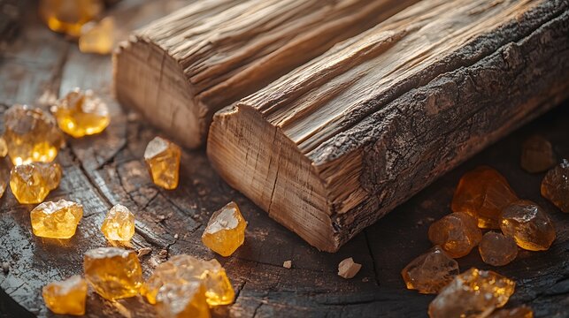 Sandalwood logs arranged on a rustic table with amber stones scattered around, the warm light highlighting the rich textures, the air filled with the deep, woody scent of sandalwood and patchouli,