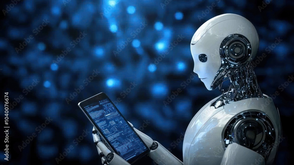 Poster the future of interaction a humanoid robot engaged with a smart device in a digital world