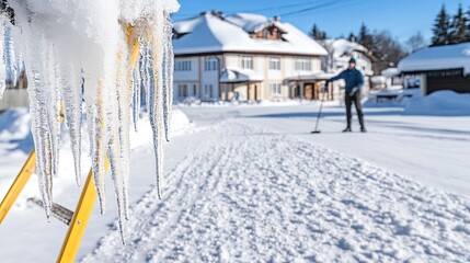 Fototapeta premium A man cleans snow and ice from the roof of a historic building in an old town, surrounded by winter scenery and a bright sky