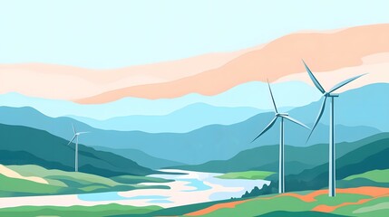 Obraz premium Wind Turbines in Green Hills with River and Blue Sky Illustration
