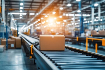 Conveyor Belt with Cardboard Box in Modern Warehouse