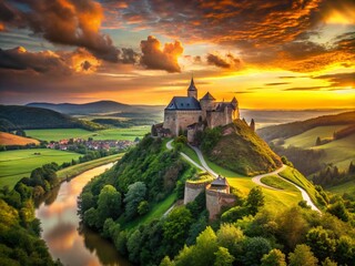 Fototapeta premium Majestic Castle Overlooking Breathtaking Landscape at Dusk for Stunning Photography