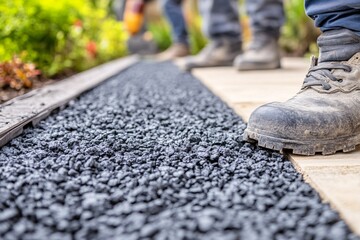 Closeup of Foot Stepping on Gravel Path Construction