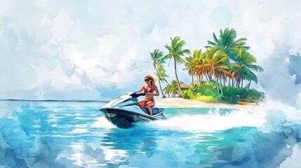 Fototapeta premium Artistic illustration of jetski in water. Summer tropical sports.