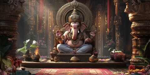 Lord Ganesha seated amidst traditional Indian decor, vibrant cultural ornaments and religious elements creating a spiritually charged atmosphere