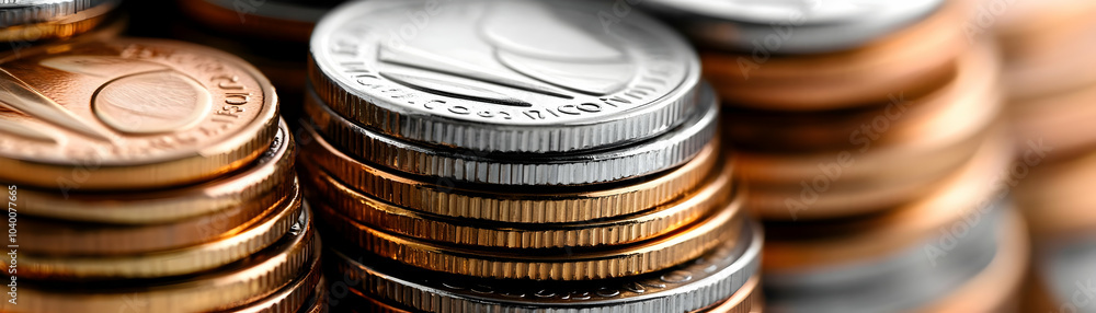 Poster glossy coins stack on white background with copy space - close up side angle photo emphasizing shine