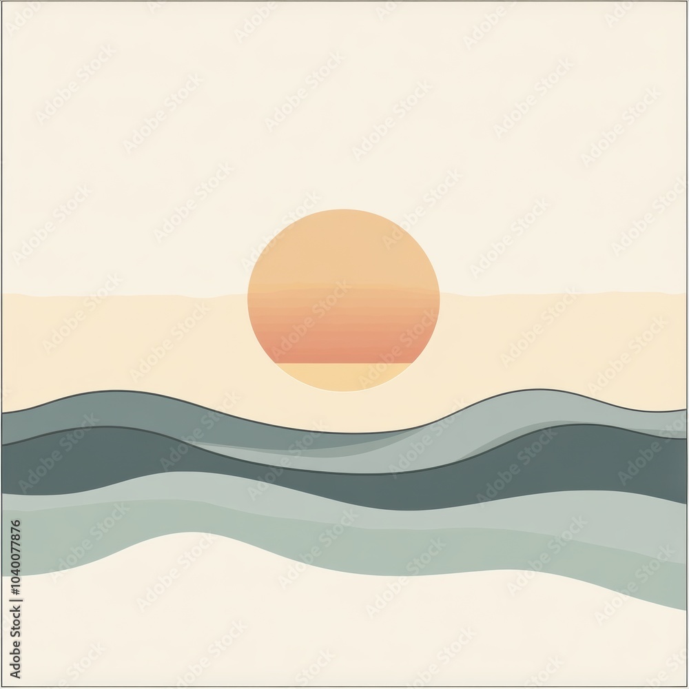 Poster delicate waves ripple under a soft sunrise, creating a tranquil atmosphere perfect for peaceful beac