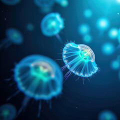 Obraz premium Medusas luminosas flotan en aguas oscuras del océano, iluminadas por una suave luz azul.