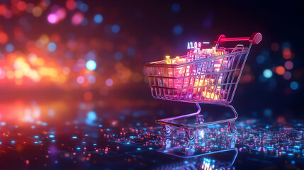 3D Holographic Shopping Cart Icon with Glowing Percentage Symbols on Glossy Background - Artistic Image Symbolizing Discounts and Advertising in Modern Commerce, High-Quality Visual for E-Commerce Pro