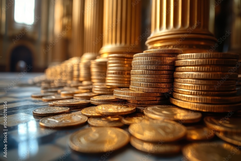 Poster stacks of gold coins and marble columns in a grand architecture setting during daylight