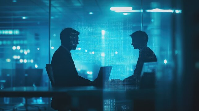 Silhouettes of business professionals in blue-toned office, digital network overlay suggests technology and connectivity.