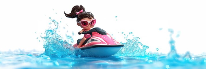Fototapeta premium Cartoon character riding jetski in water. Summer tropical sports.