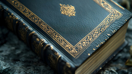Fototapeta premium Close-Up of an Intricate Leather-Bound Book with Gold Detailing on the Cover