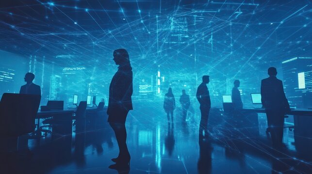 Silhouettes of business professionals in blue-toned office, digital network overlay suggests technology and connectivity.