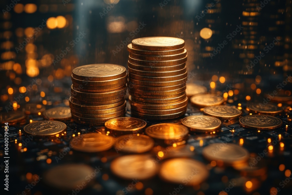 Poster stacked coins glimmering with light in a dark setting highlighting wealth and prosperity