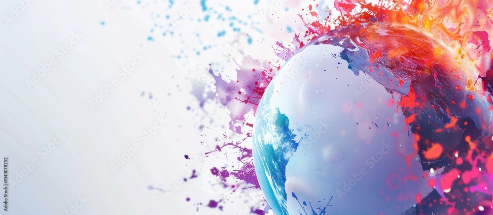 Poster digitally created image with moving shapes on a white background with copy space portraying global b