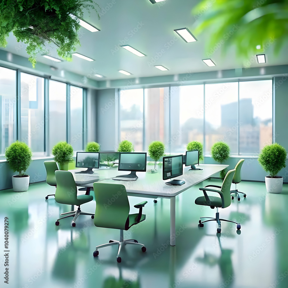 Poster open office design with vr workstations and ergonomic chairs - innovative workspace concept featurin
