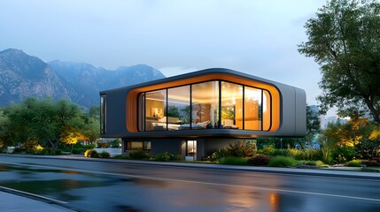 Obraz premium Futuristic Minimalist Tiny Home with Ultra Modern Architectural Features 3D Compact efficient and eco friendly residential design showcasing clean lines geometric shapes and sophisticated technology
