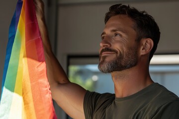 A man holds a rainbow flag with a thoughtful expression, symbolizing pride and diversity against a neutral background, conveying a sense of acceptance and hope.