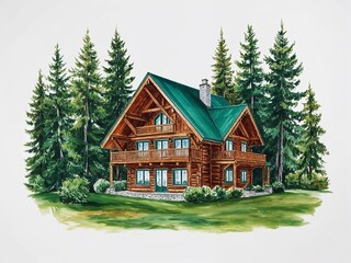 Forest green chalet hand drawn painted painting illustration on plain white background