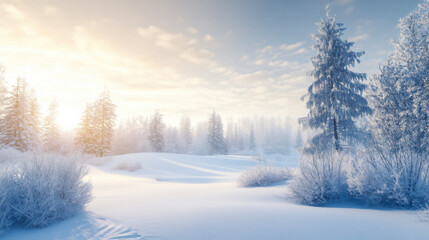 Obraz premium A serene winter landscape filled with snow-covered trees under a soft sunset in a tranquil mountainous region