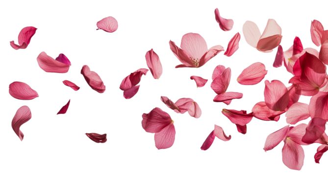 Pink flower petals floating in air, cut out - stock png.