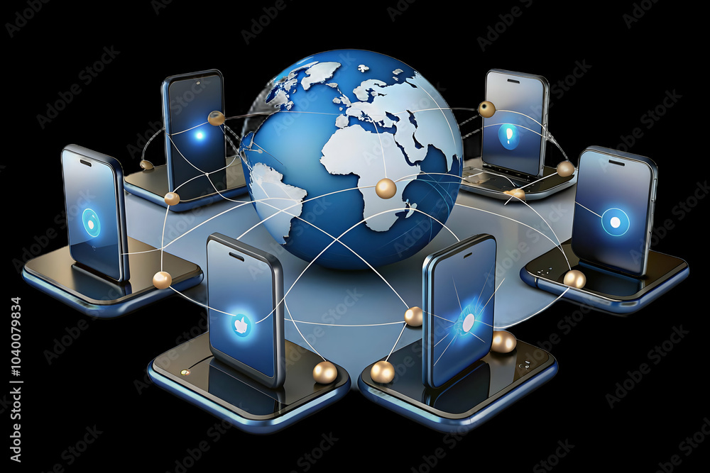 Poster smartphones glowing lines world map mobile connectivity soft abstract image multiple smartphones con