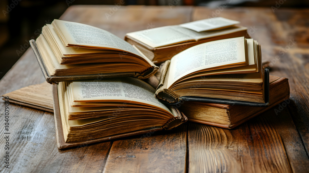 Poster a collection of open books displayed on a large wooden table in a cozy reading space