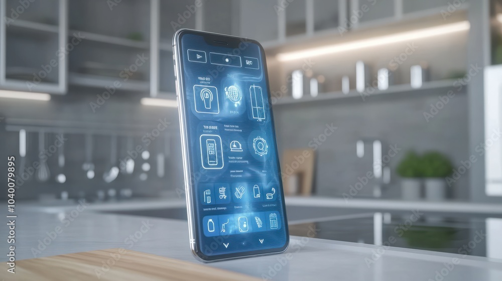 Poster smart home control on smartphone. a smartphone displaying a smart home control app interface, with v