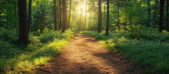 Obraz premium Sunbeams illuminate a path through a lush green forest.