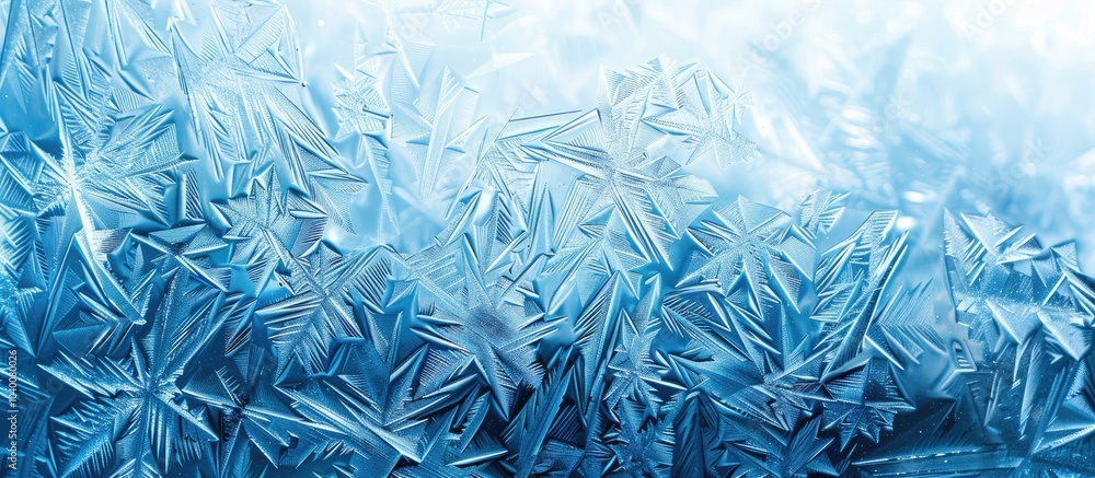 Poster blue ice winter background with a frozen pattern on a window creating a textured blue wallpaper perf