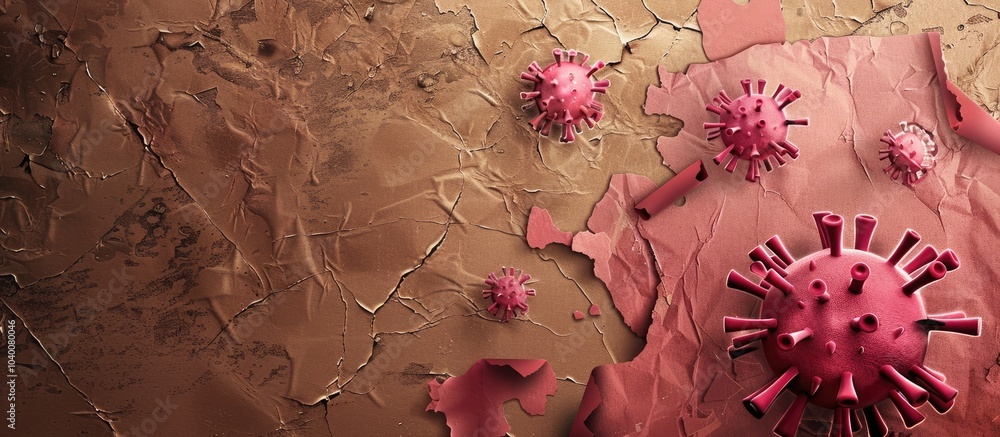 Poster broken pink paper with virus alert message over brown background creating a symbolic virus alert cop