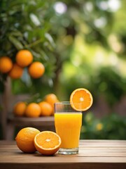 Naklejka premium ORANGE JUICE ON THE TABLE WITH A BEAUTIFUL VIEW