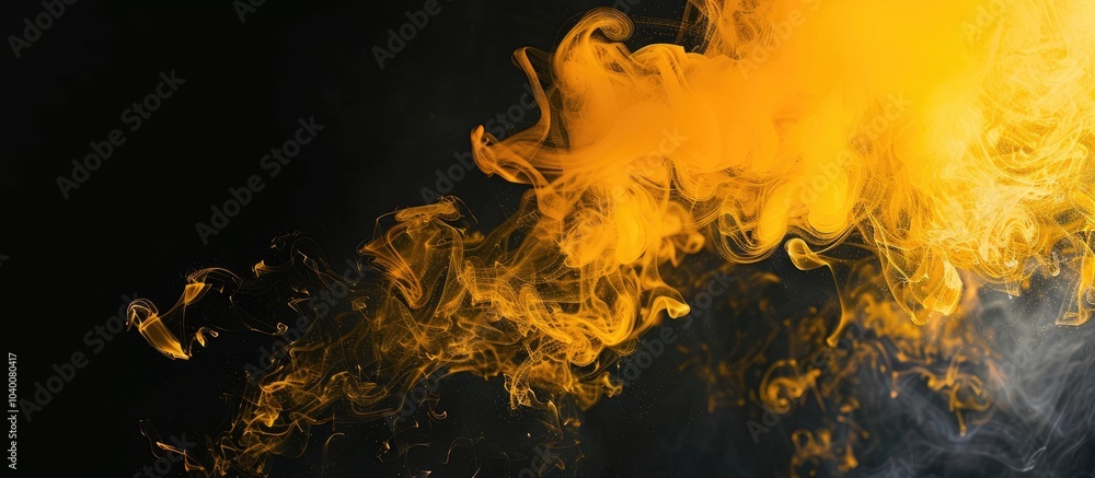 Poster yellow smoke swirling against a black backdrop with space for adding text or images. copy space imag