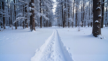 Snow-covered forest path with footprints leading through winter scenery