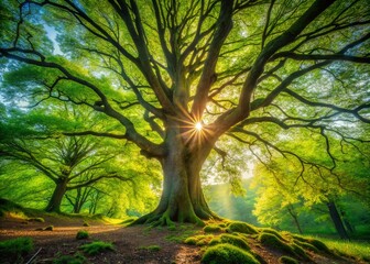 Fototapeta premium Majestic Old Tree in Spring Forest - Minimalist Nature Photography for Tranquility and Serenity